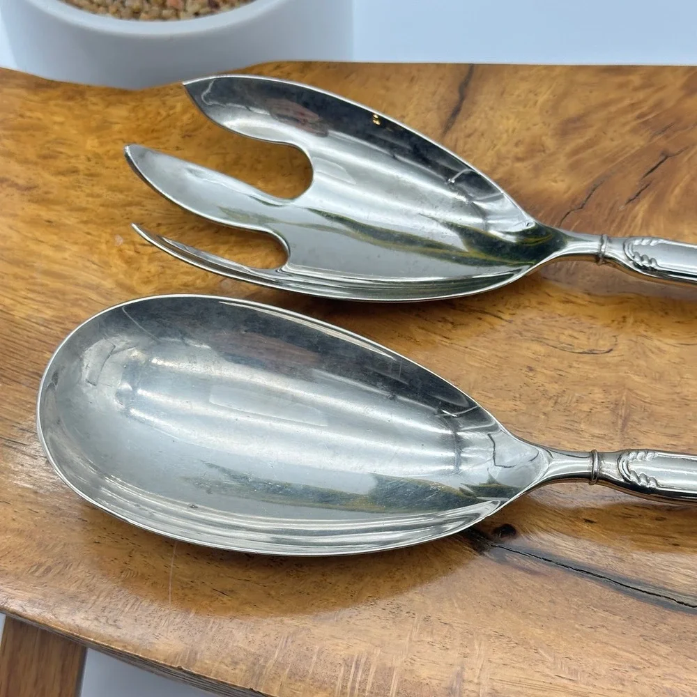 Vintage Silver Plated Salad Serving Set Scrolled Fiddle Handle Fork Spoon 10.5in
